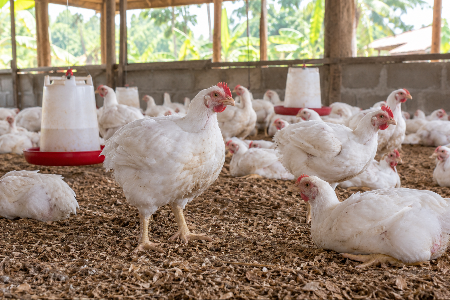 Photo illustrative de poulets de chair dans un élevage